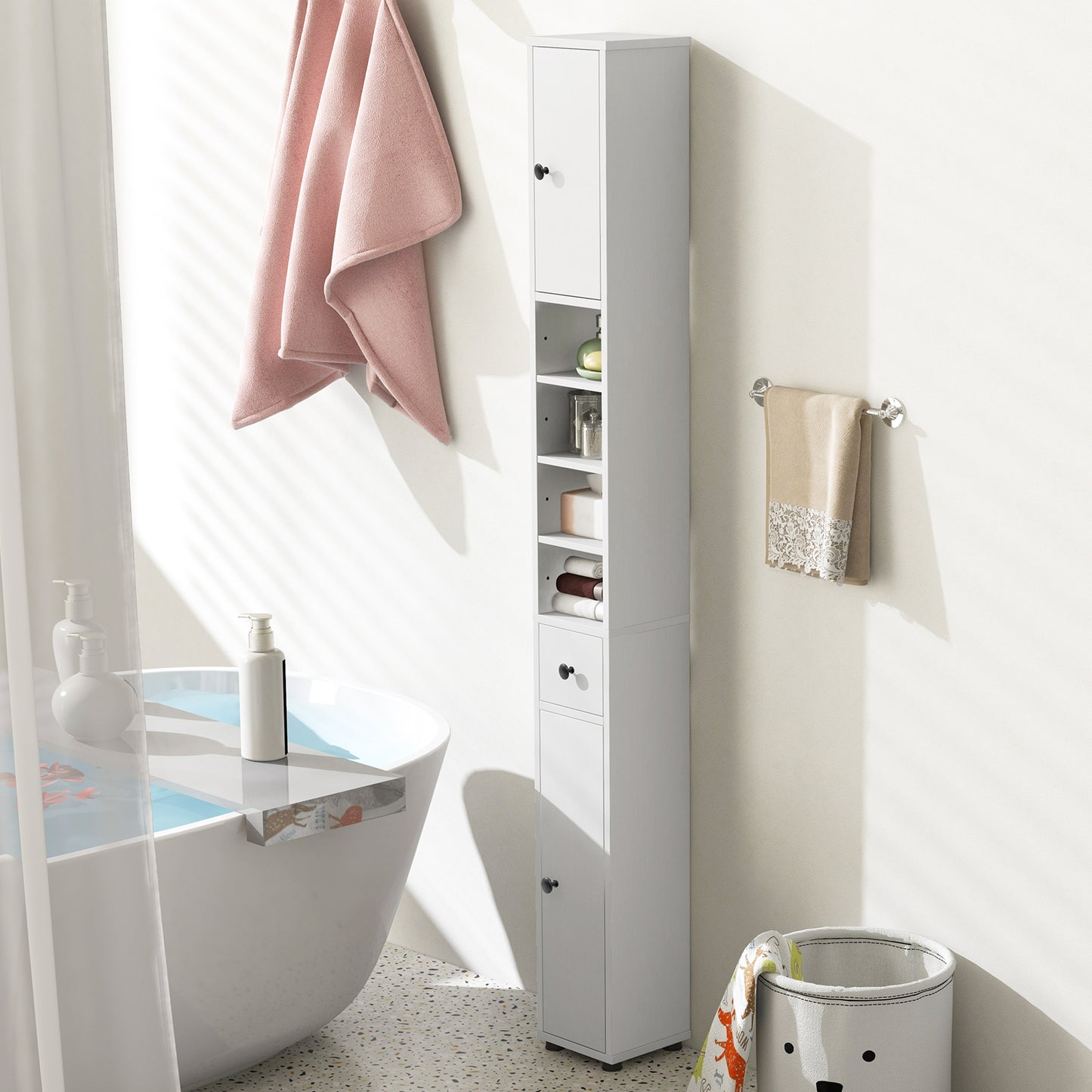 Freestanding Slim Bathroom Cabinet with Drawer and Adjustable Shelves, White Floor Cabinets at Gallery Canada