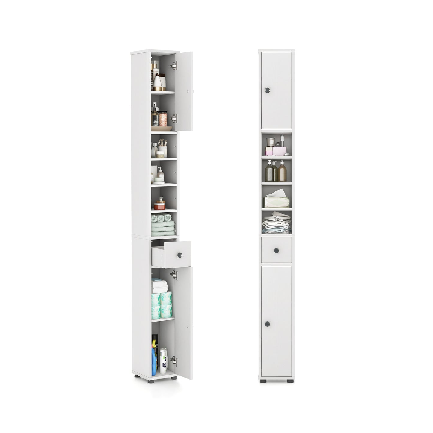 Freestanding Slim Bathroom Cabinet with Drawer and Adjustable Shelves, White Floor Cabinets at Gallery Canada