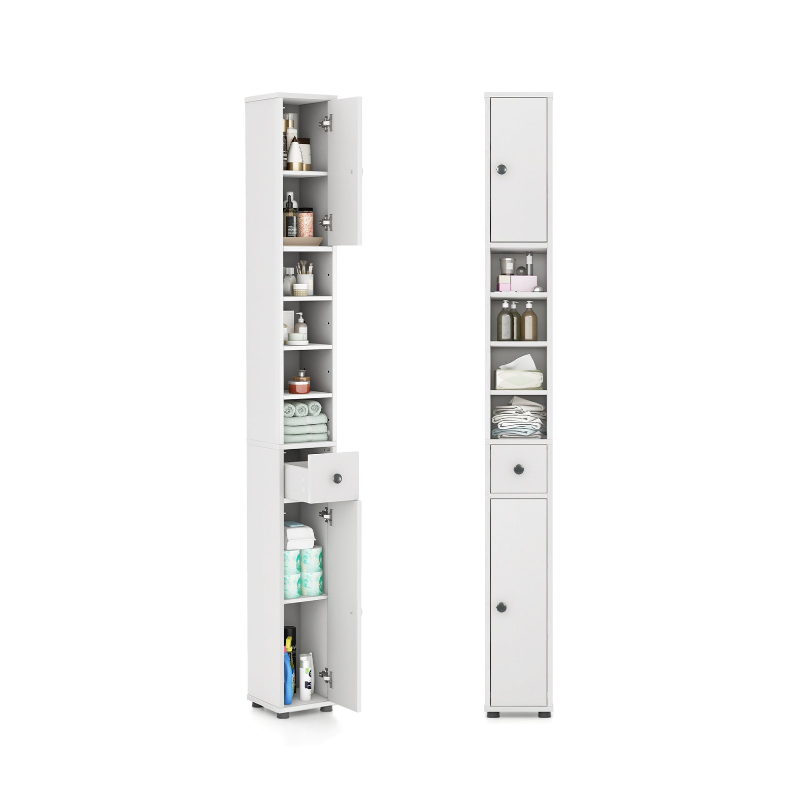 Freestanding Slim Bathroom Cabinet with Drawer and Adjustable Shelves, White Floor Cabinets at Gallery Canada