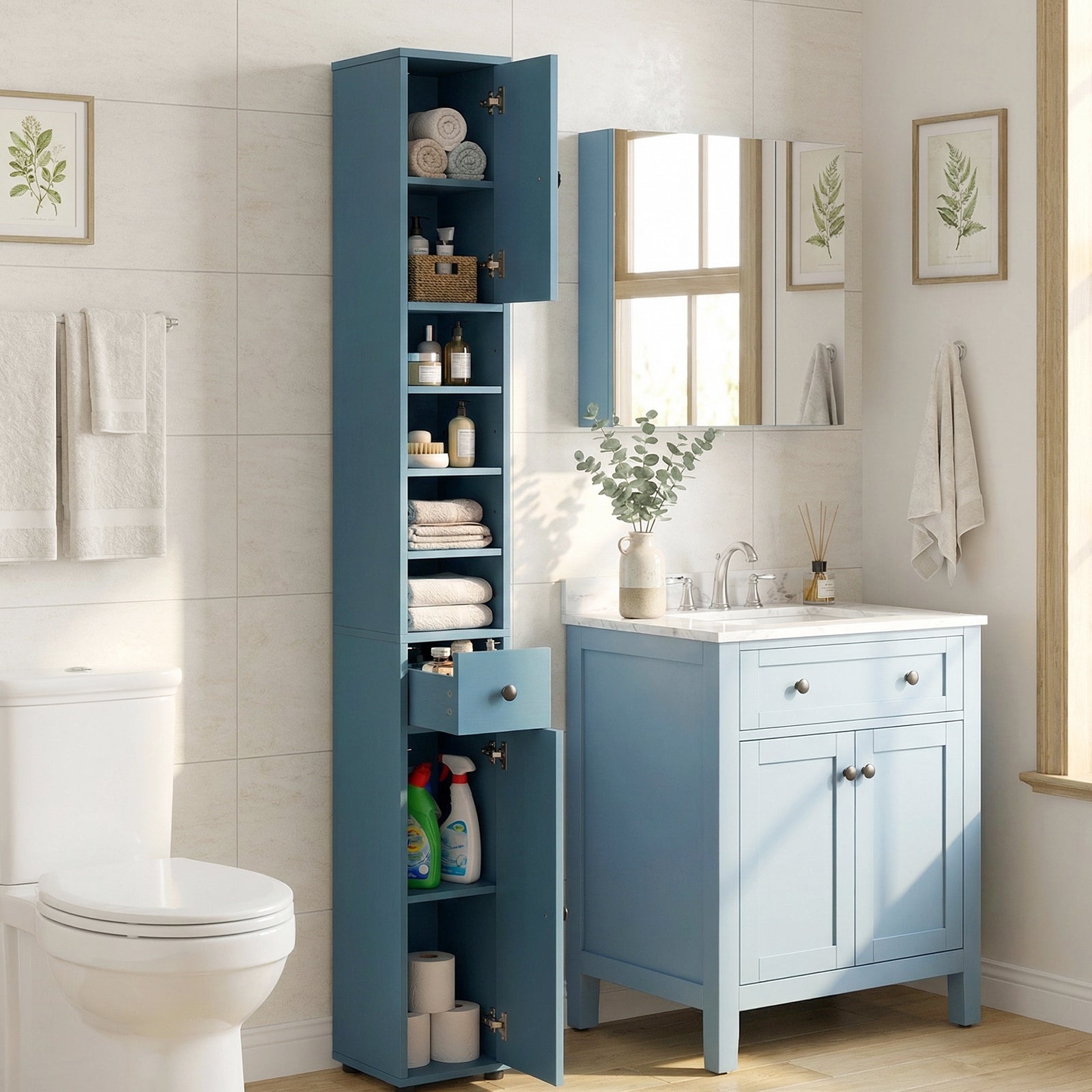 Slim Bathroom Cabinet With Drawer, Adjustable Shelves, Blue Floor Cabinets at Gallery Canada