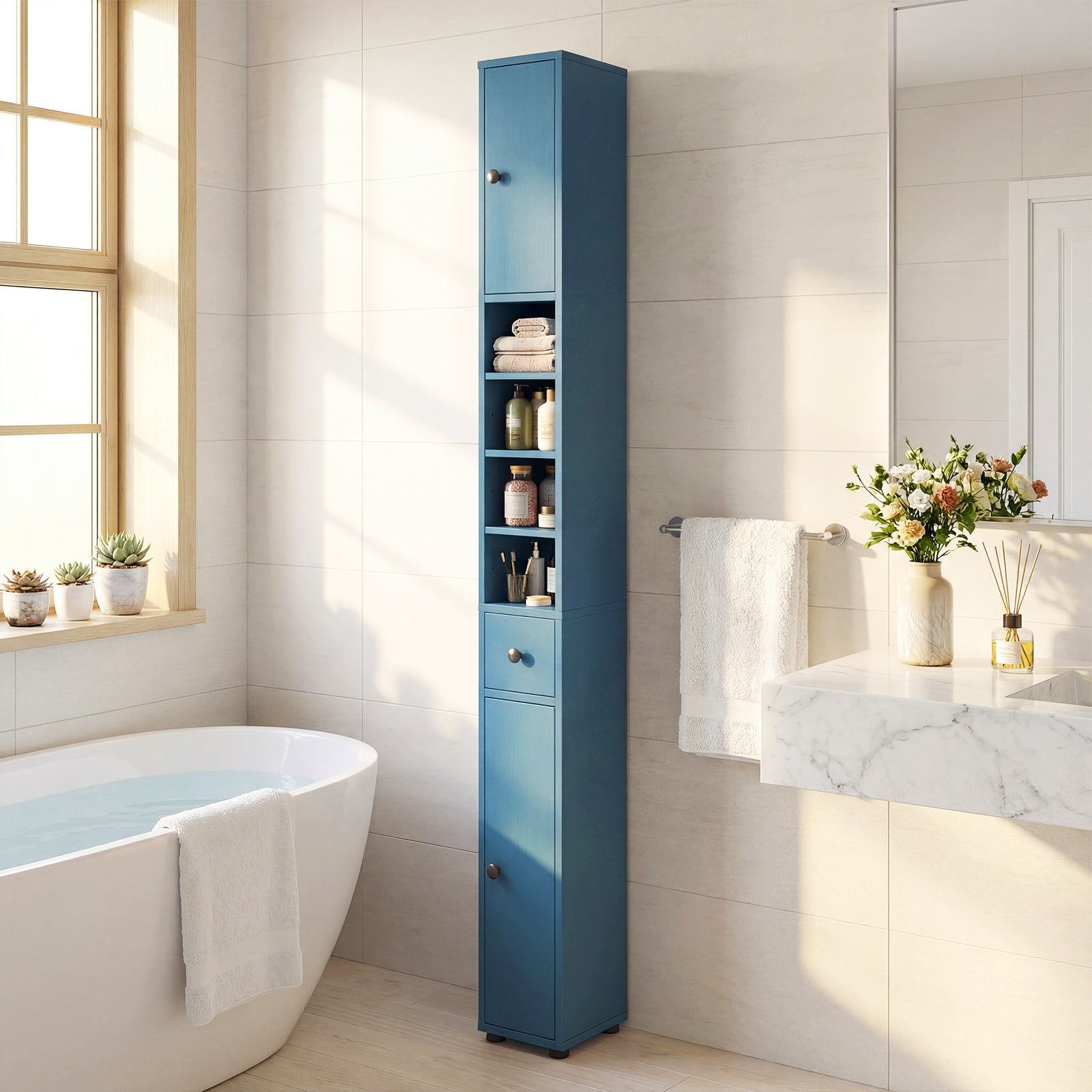 Slim Bathroom Cabinet With Drawer, Adjustable Shelves, Blue Floor Cabinets at Gallery Canada