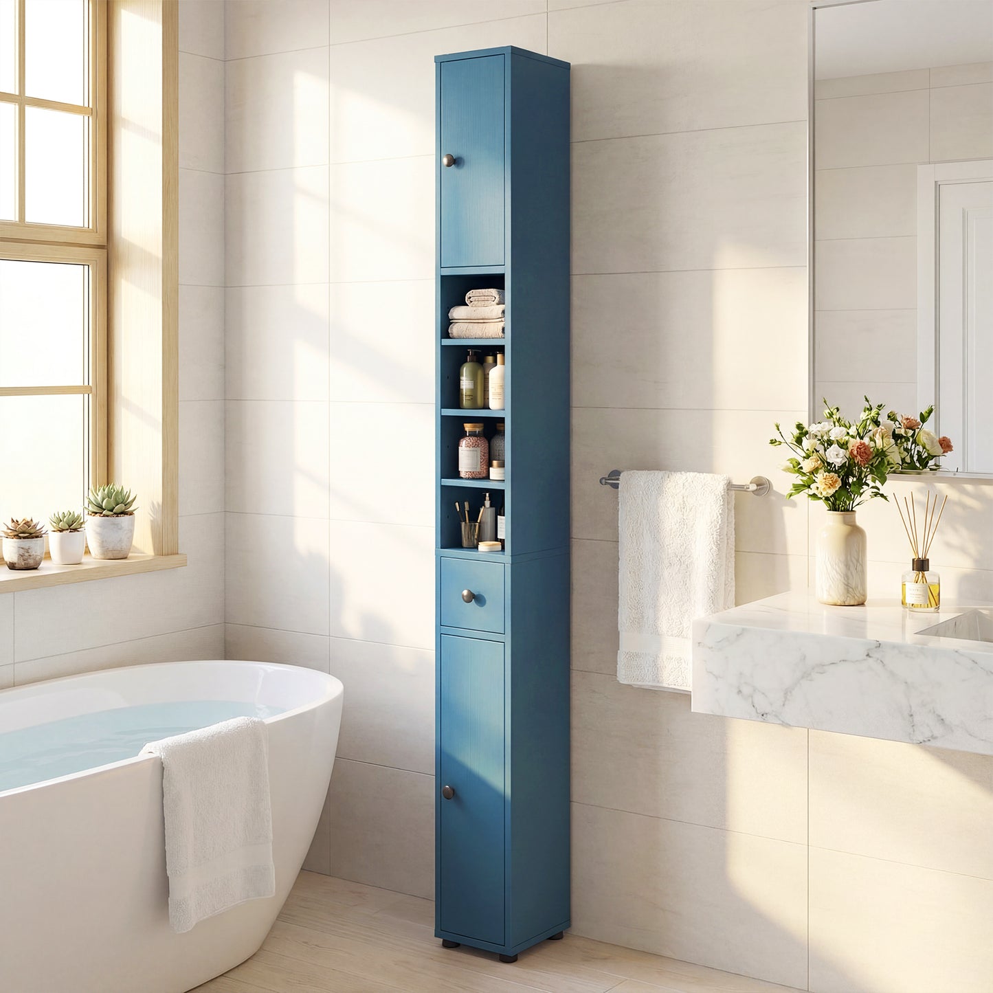 Slim Bathroom Cabinet With Drawer, Adjustable Shelves, Blue Floor Cabinets at Gallery Canada
