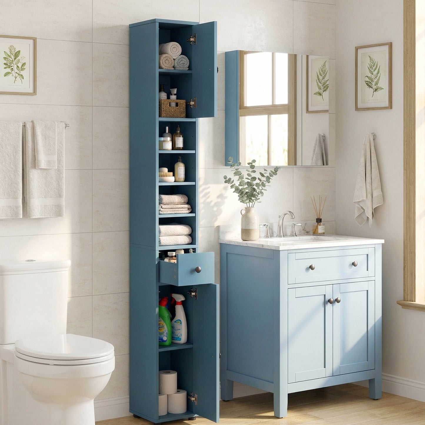 Slim Bathroom Cabinet With Drawer, Adjustable Shelves, Blue Floor Cabinets at Gallery Canada