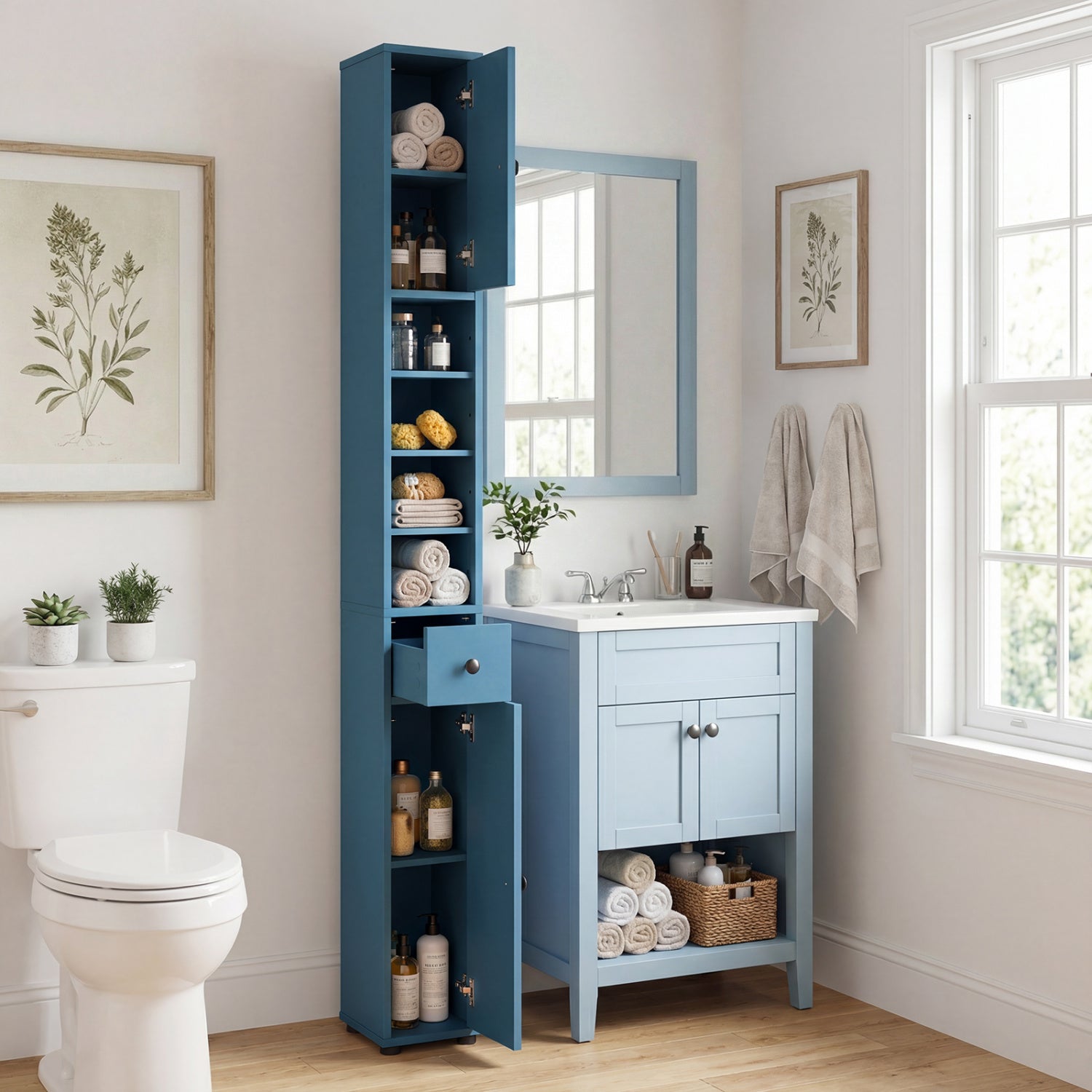 Slim Bathroom Cabinet With Drawer, Adjustable Shelves, Blue Floor Cabinets at Gallery Canada