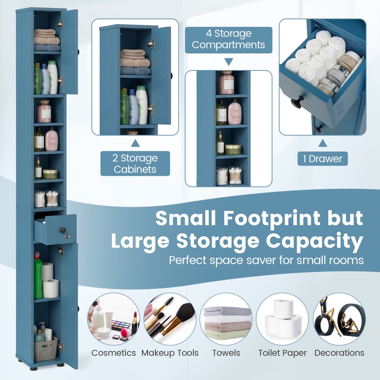 Slim Bathroom Cabinet With Drawer, Adjustable Shelves, Blue Floor Cabinets at Gallery Canada