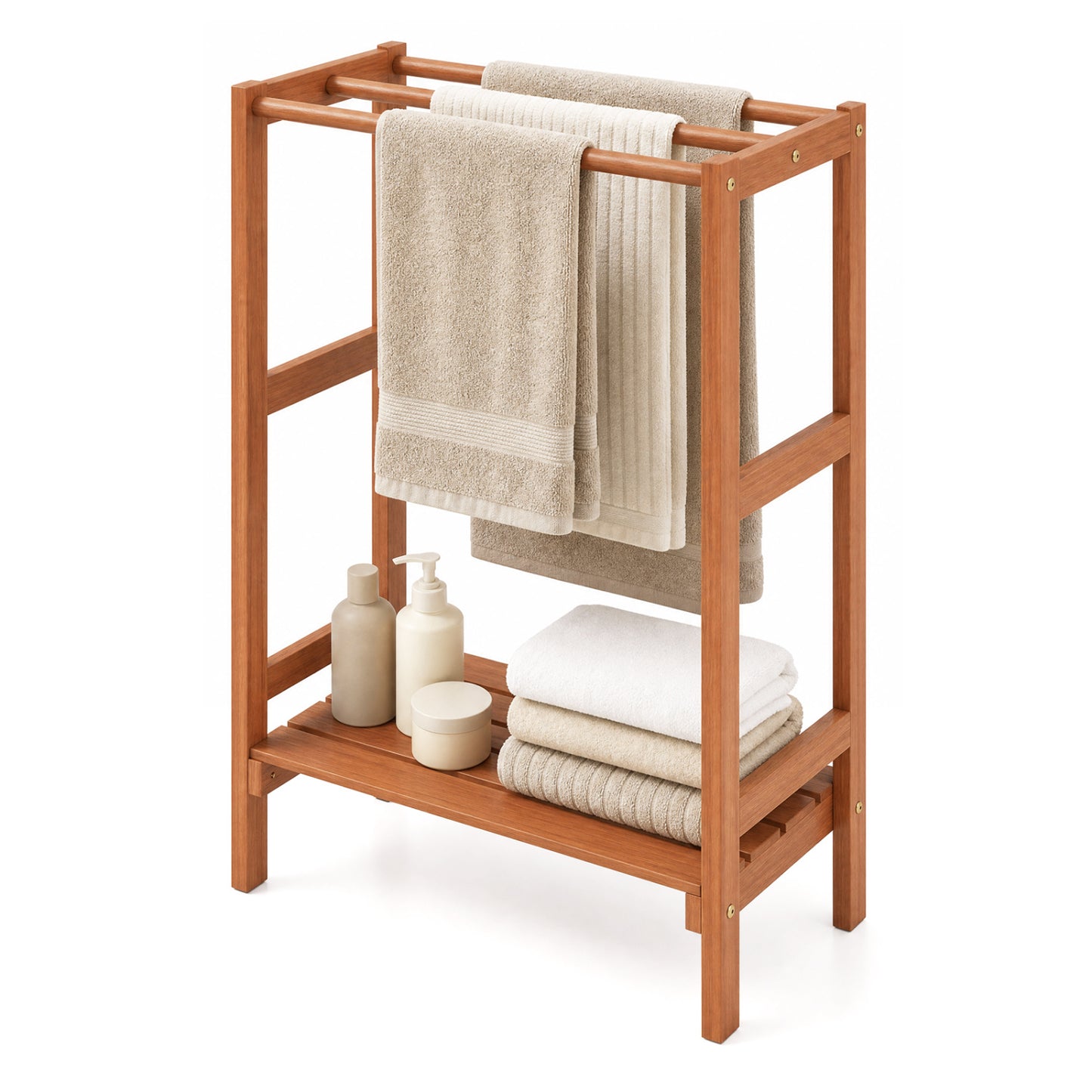 Freestanding Towel Rack, 3 Hanging Bars, Bottom Shelf