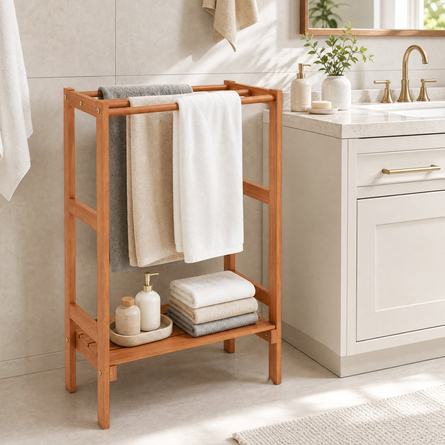 Freestanding Towel Rack, 3 Hanging Bars, Bottom Shelf