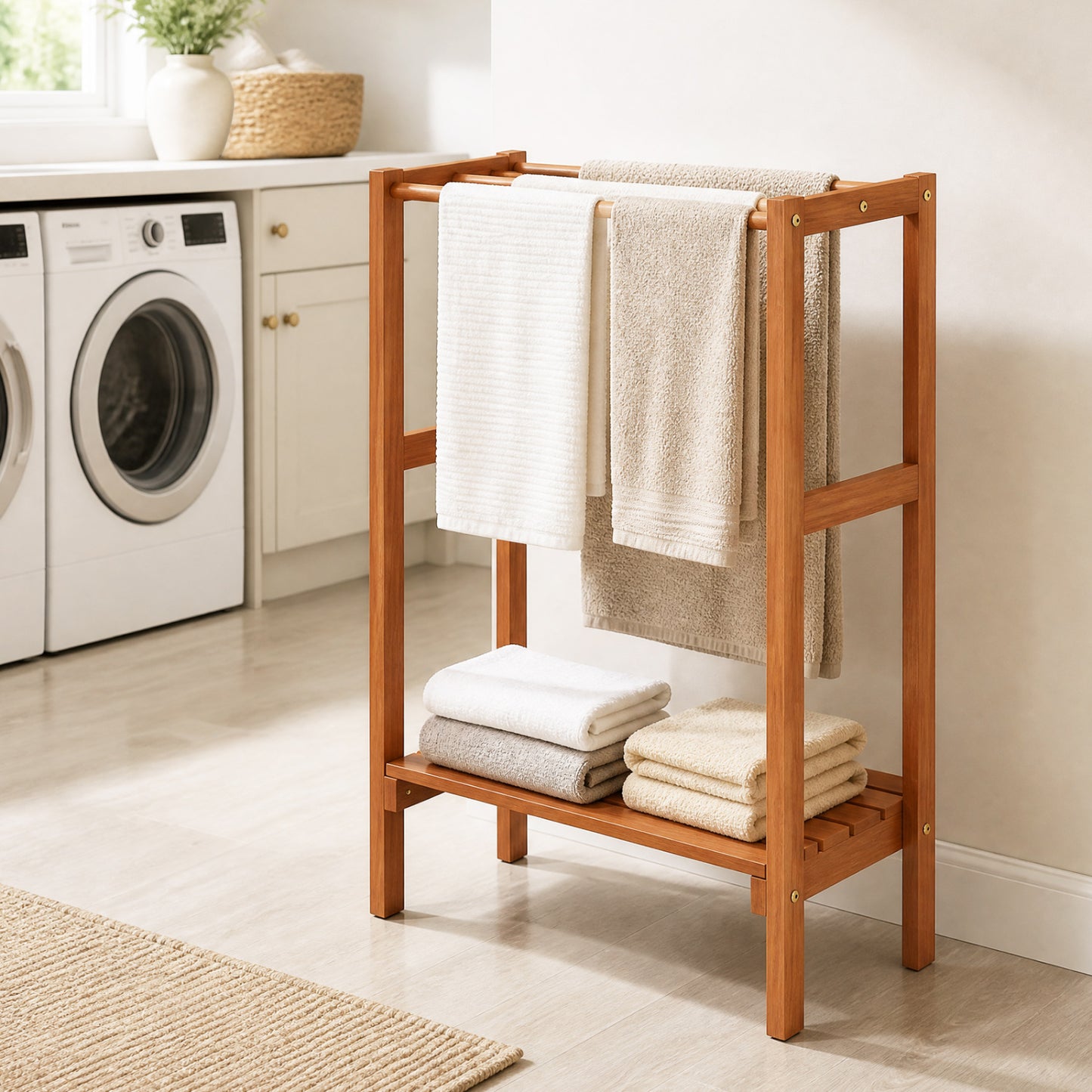 Freestanding Towel Rack, 3 Hanging Bars, Bottom Shelf