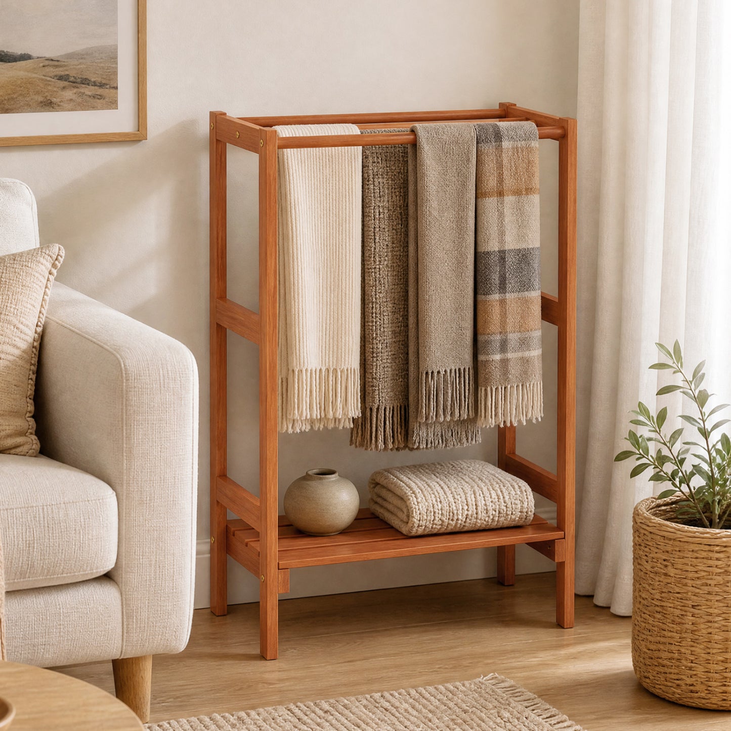 Freestanding Towel Rack, 3 Hanging Bars, Bottom Shelf