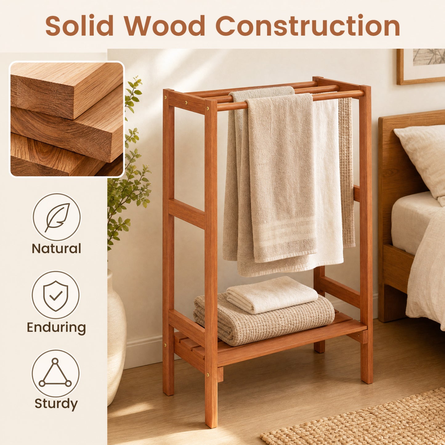 Freestanding Towel Rack, 3 Hanging Bars, Bottom Shelf