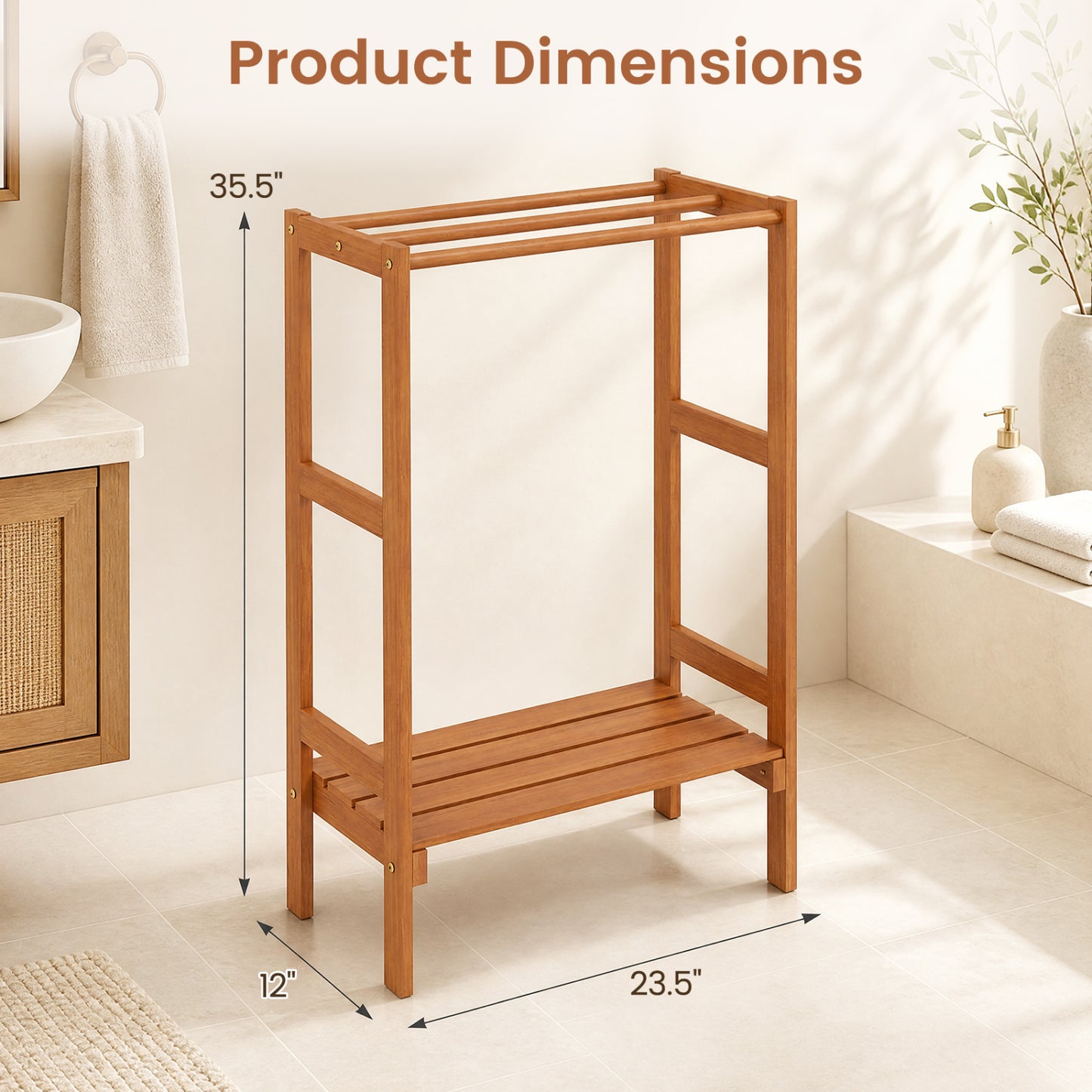 Freestanding Towel Rack, 3 Hanging Bars, Bottom Shelf
