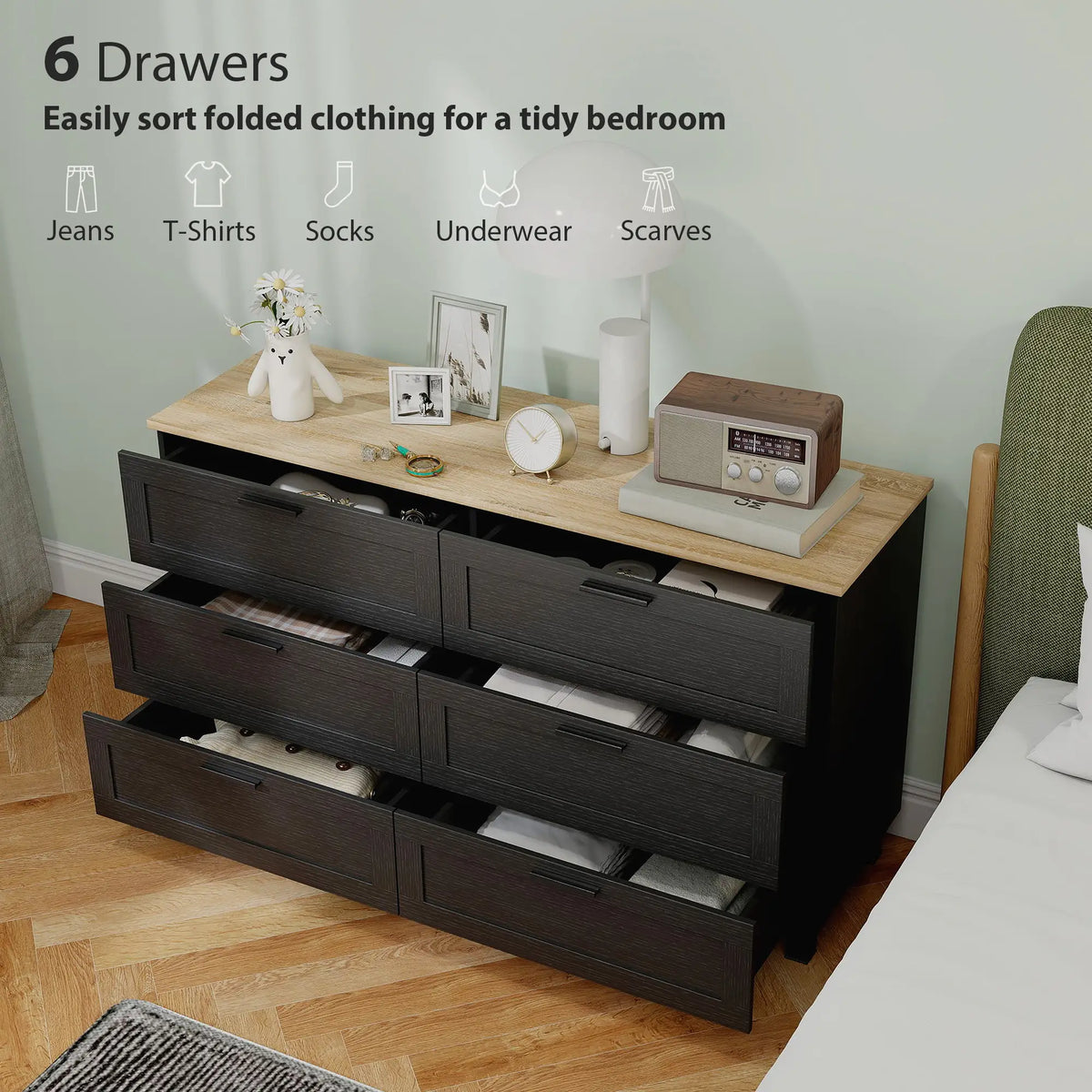 47" Wide Chest Of Drawers, Modern Dresser, 6 Drawers, Wood Legs, Black Storage Cabinets at Gallery Canada