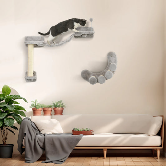 Cat Wall Shelf with Scratching Post, Soft Ladder, Play Ball, Grey Cat Climbing Wall Grey at Gallery Canada