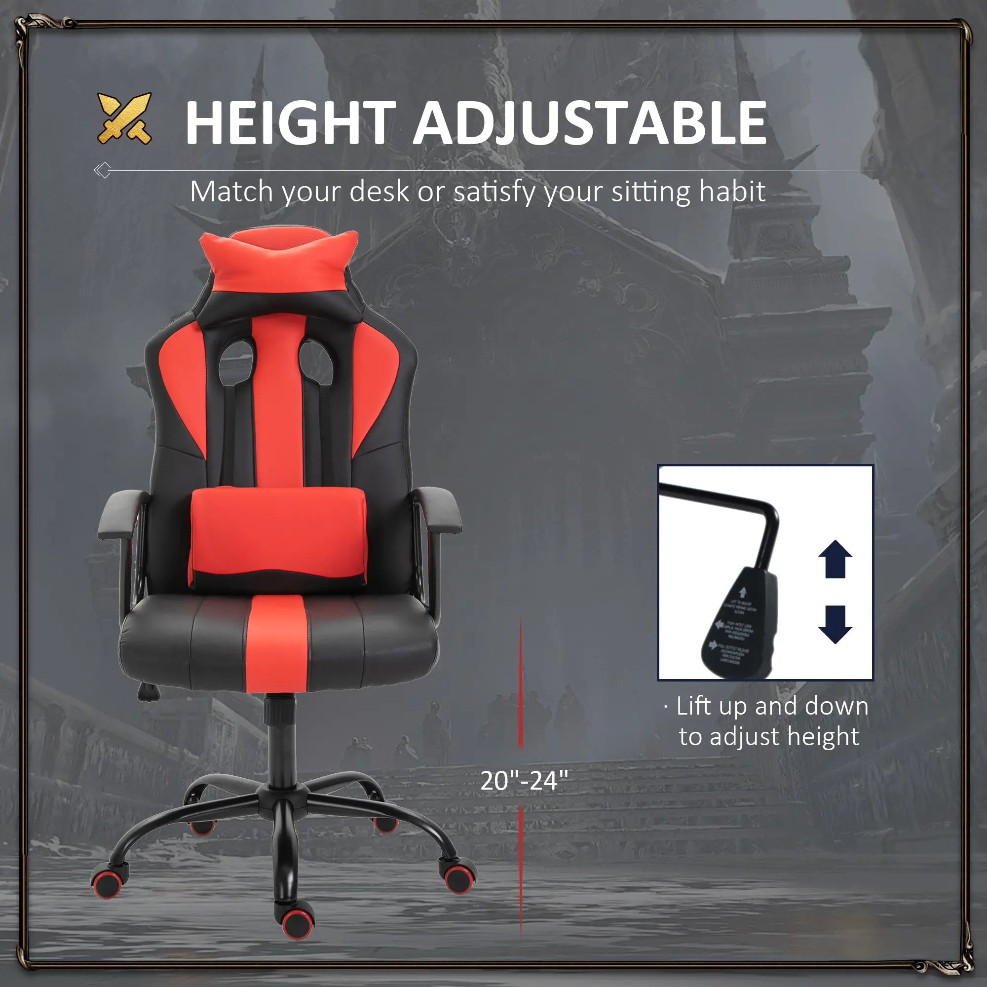 High Back Racing Style Gaming Chair, Adjustable PU Leather, Lumbar Support, Red Video Game Chairs at Gallery Canada