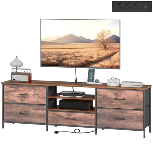 TV Stand For 70 Inch TVs, Industrial Console With Charging Station, 5 Drawers, Rustic Brown