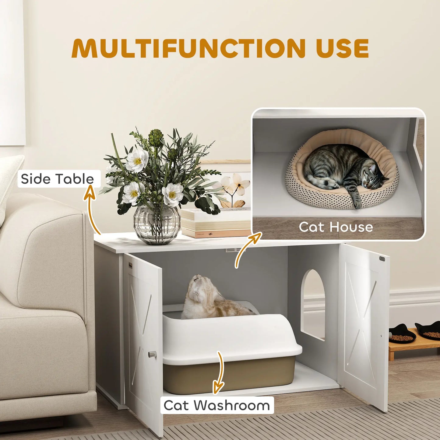 Hidden Cat Litter Box Enclosure, Double Doors, Hole, 31.5" x 19" x 20", White Cat Litter Box Enclosures at Gallery Canada