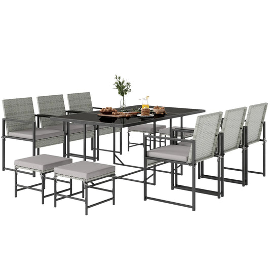 Wicker Patio Dining Set, 6 Armchairs, 4 Stools, Light Grey
