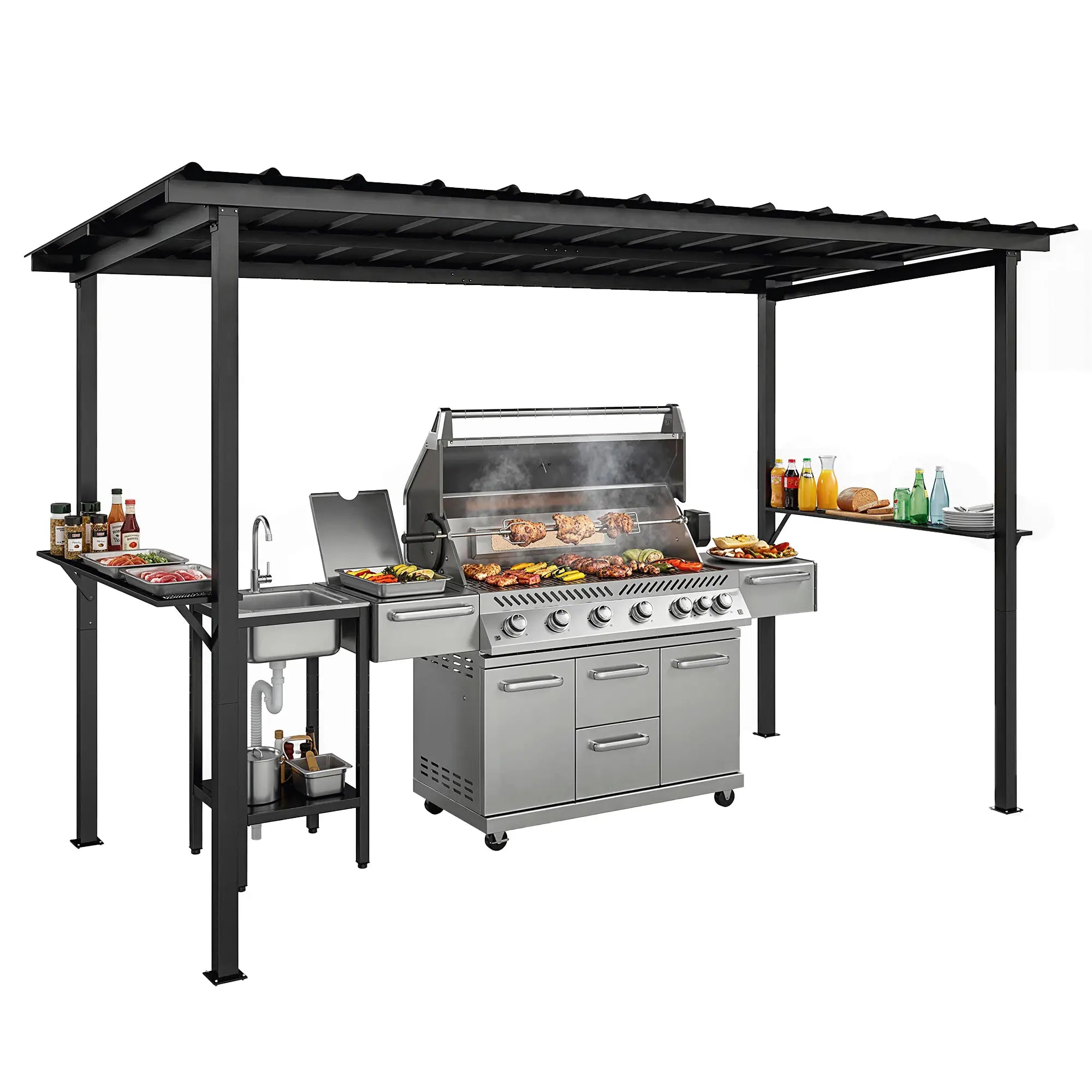 12' x 6' Hardtop Grill Gazebo, Metal Roof, 2 Side Shelves, Black BBQ Grill Gazebos at Gallery Canada