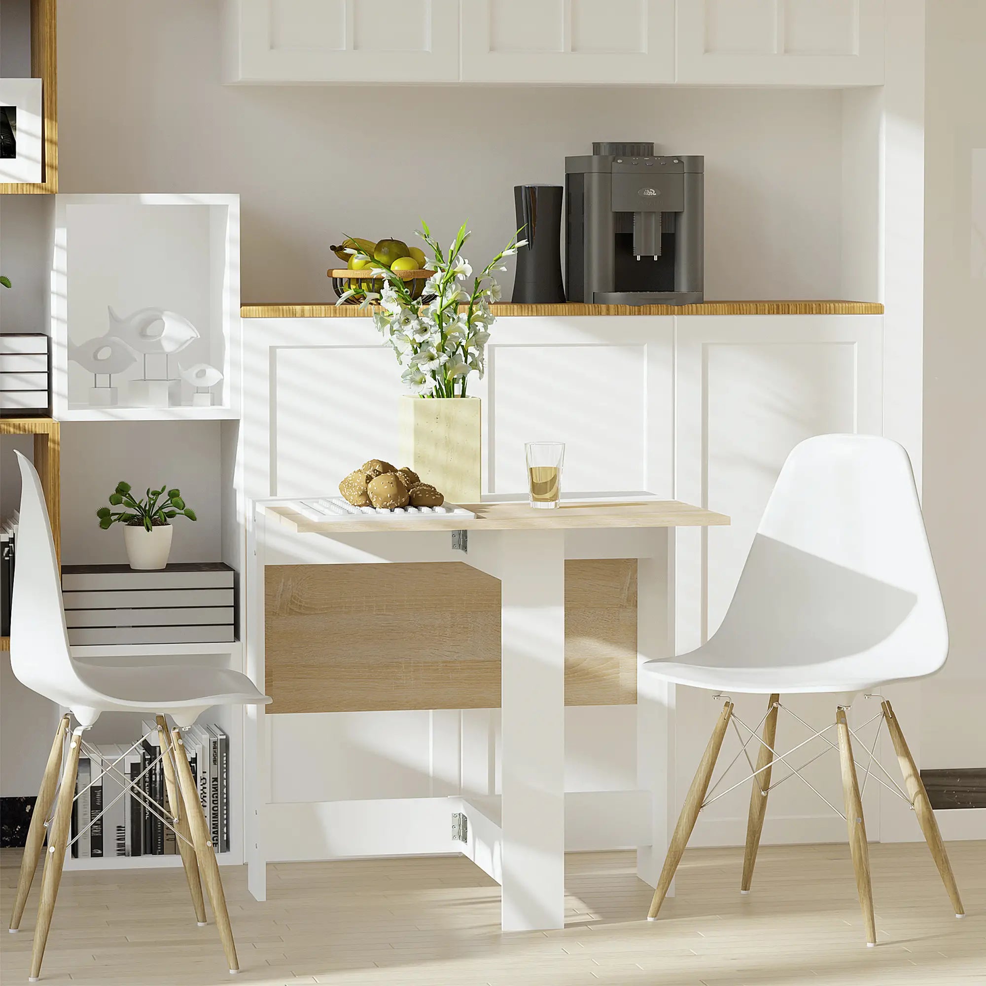 Drop Leaf Dining Table, Folding Wood Table, Multi-Use Side Table, White/Oak, White, Oak Bar Tables & Dining Tables at Gallery Canada