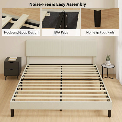 King Size Bed Frame, Adjustable Upholstered Headboard, Wood Slat Support, Light Grey Bed Frames at Gallery Canada