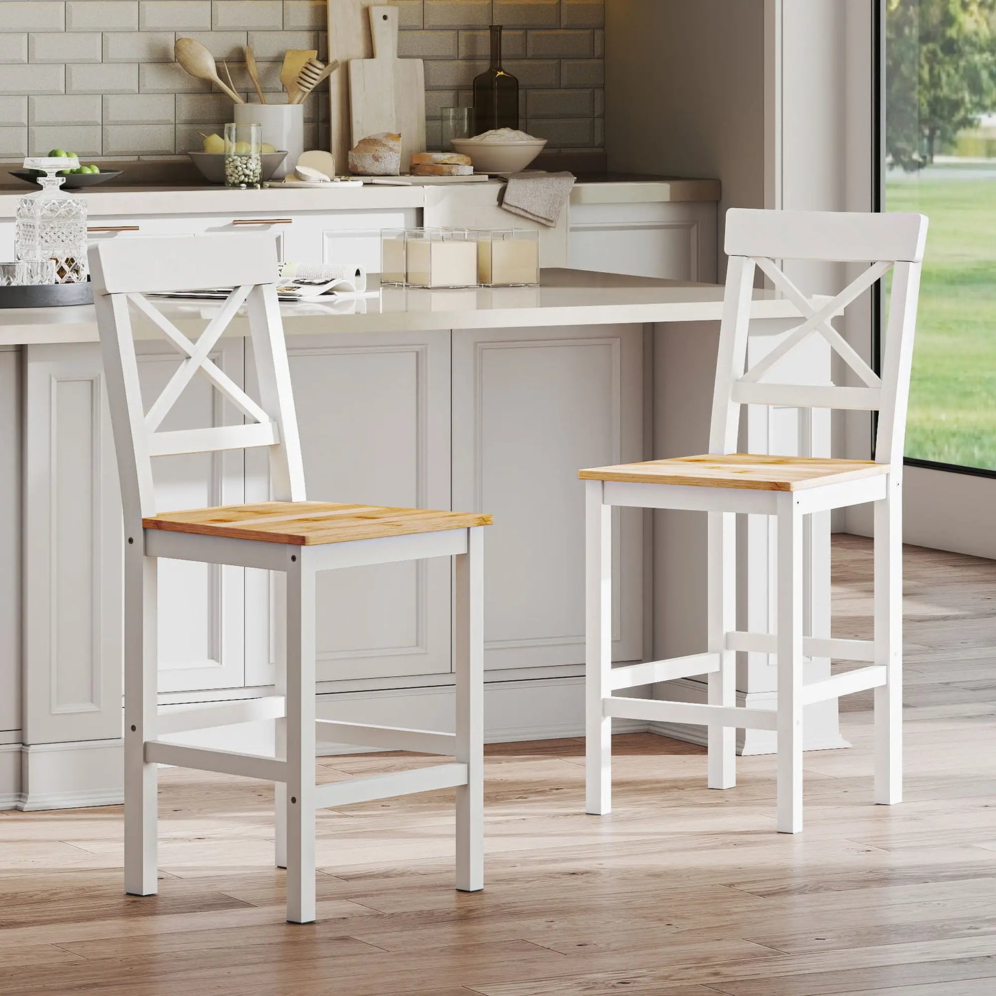 Counter Height Stools Set of 2, Farmhouse Bar Stools with Backs, Solid Wood Bar Stools at Gallery Canada