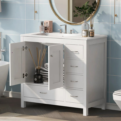 Bathroom Vanity, Ceramic Sink, 2 Soft Close Doors, 5 Drawers, 36" L x 18" W x 34" H, White Sink Cabinets at Gallery Canada