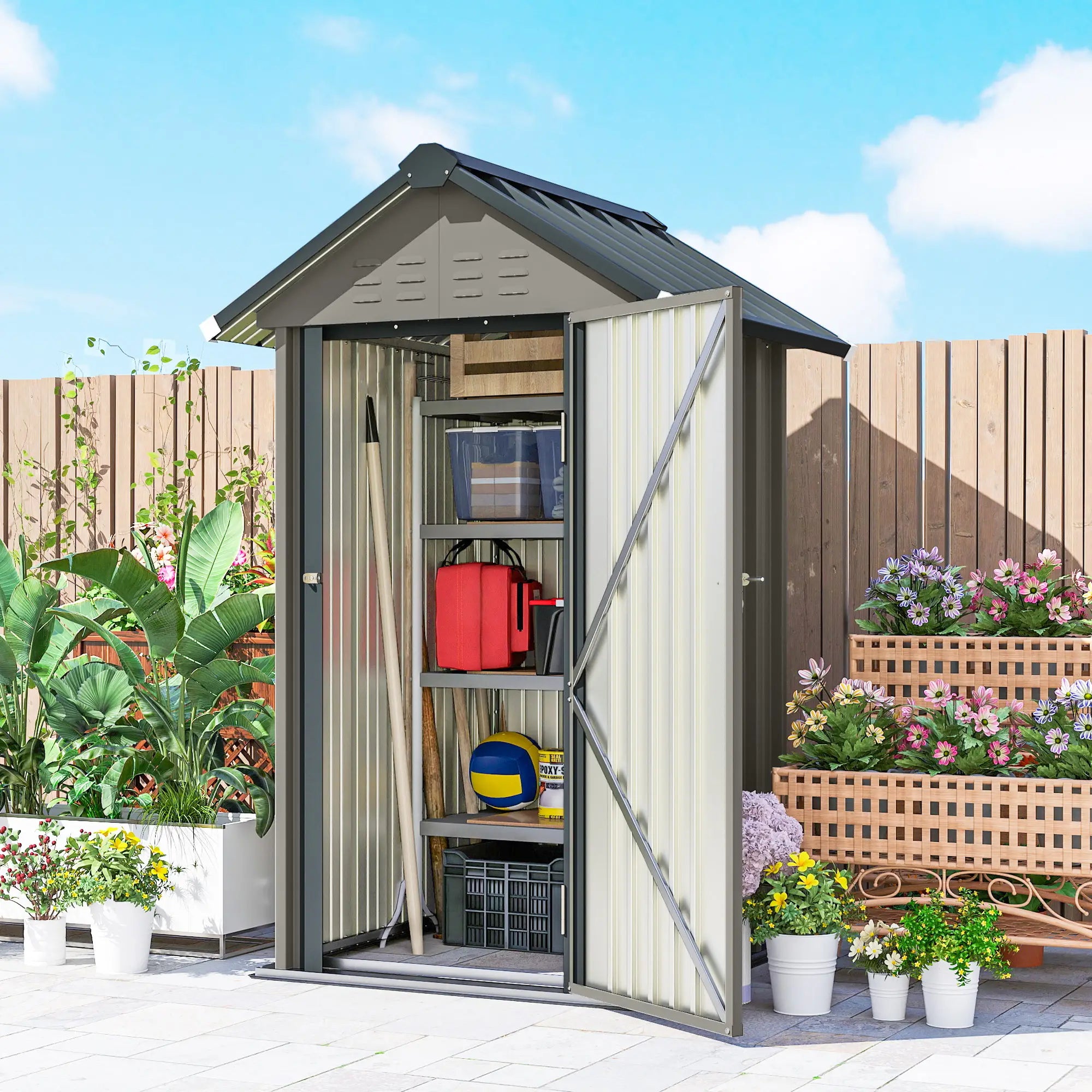 Outdoor Storage Shed With Lockable Door, Metal Garden Shed With 4 Vents Sheds at Gallery Canada