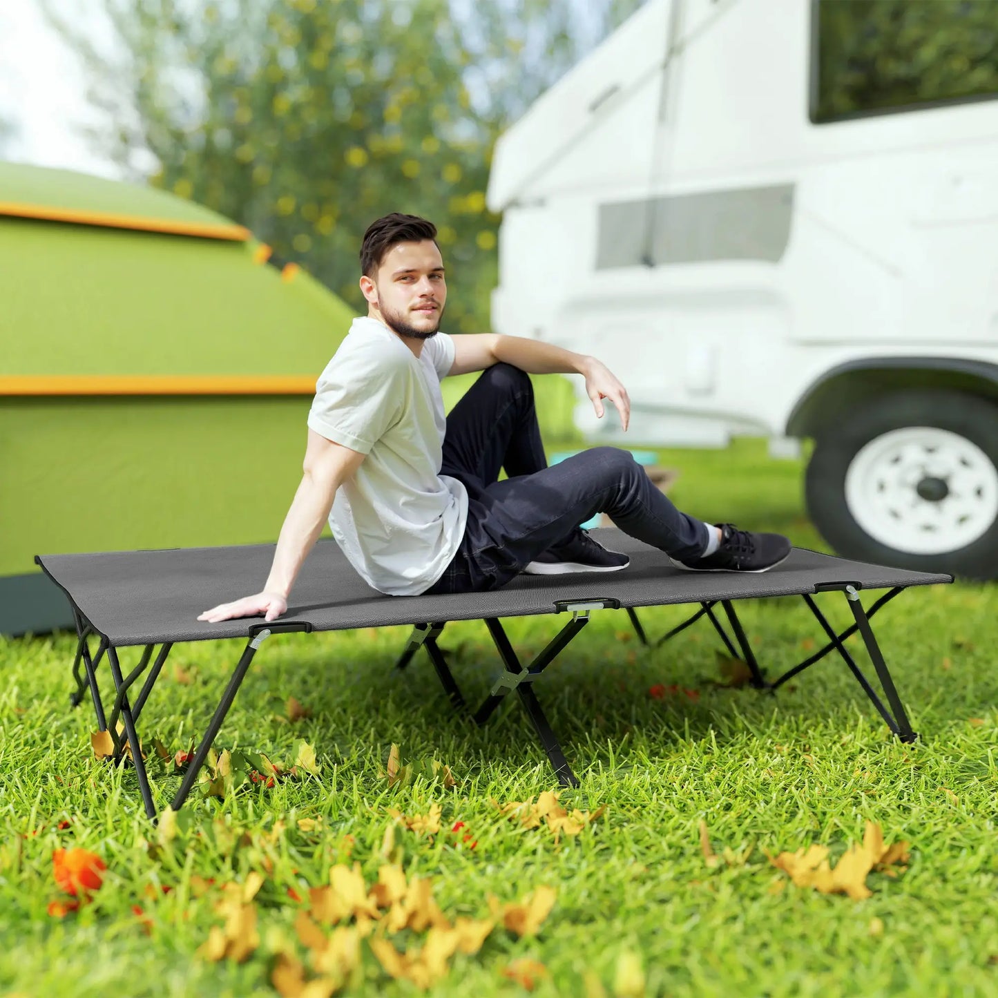 Two Person Folding Camping Cot, Portable Double Cot, 76", Dark Grey Camping Cots at Gallery Canada