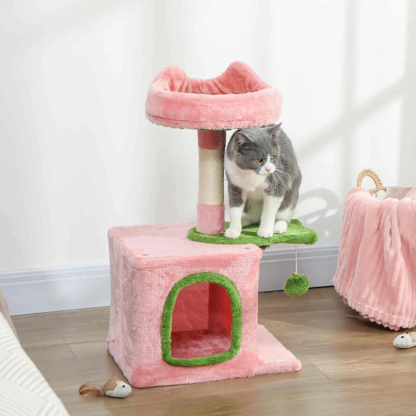 28 Inch Cat Tree Tower with Plush Bed, Condo, Scratching Post, Pink & Green Cat Posts at Gallery Canada