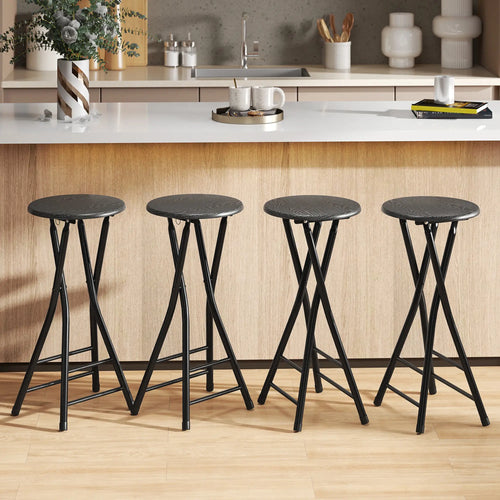 Set of 4 Foldable Barstools, Counter Height with Footrest, Steel Legs, Black
