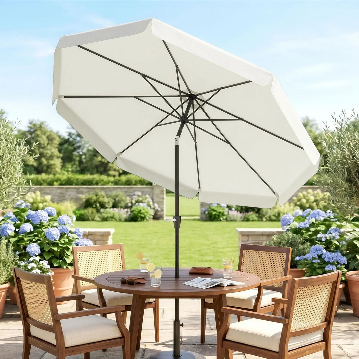 8.5 ft Round Patio Umbrella, Tilt and Crank, Cream White Sun Umbrellas at Gallery Canada