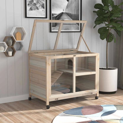 Indoor Rabbit Hutch with Wheels, Guinea Pig Cage, Top Access, Ramp, Pull Out Tray, Natural Wood Rabbit Hutch at Gallery Canada