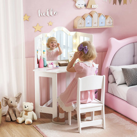 Kids Vanity Table and Chair Set with Lights, Tri-Fold Mirror, White Kids Bedroom Furniture at Gallery Canada