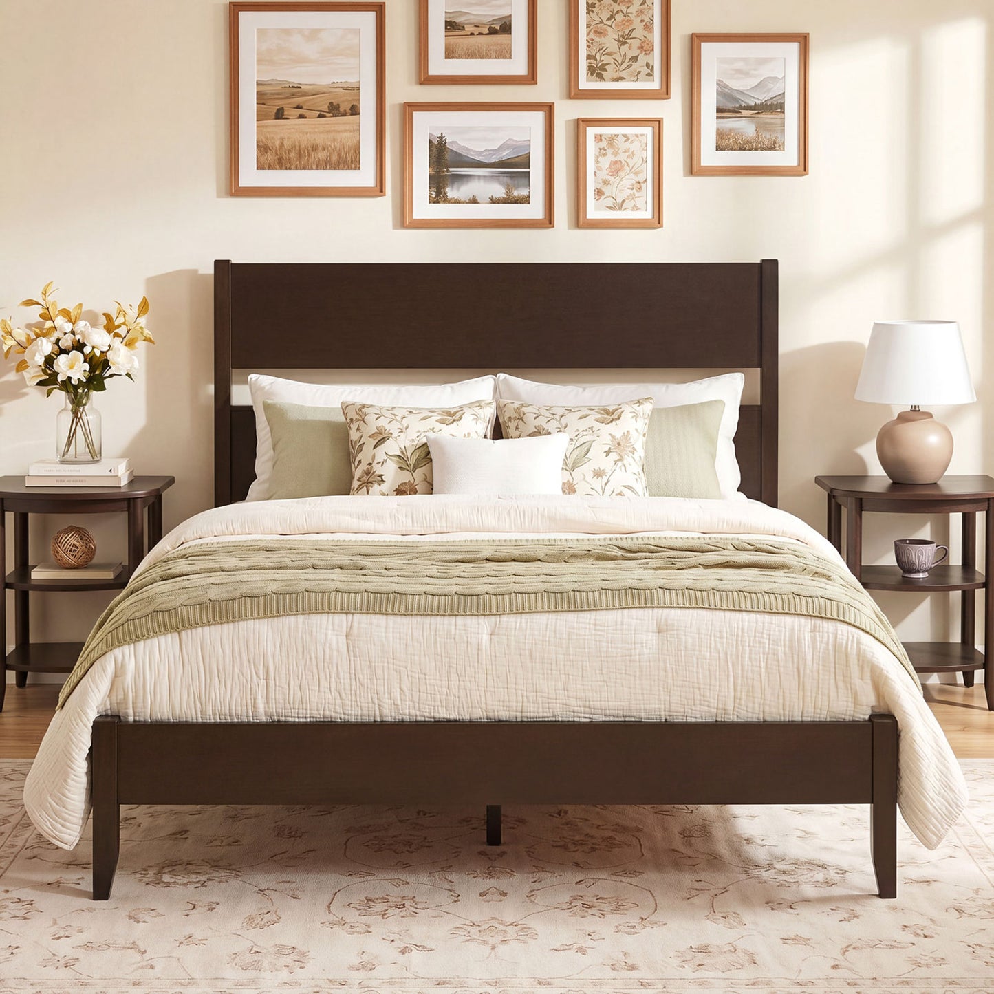 Full Bed Frame, Solid Wood Legs, 12 Slats, Dark Walnut