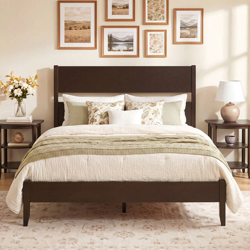 Full Bed Frame, Solid Wood Legs, 12 Slats, Dark Walnut