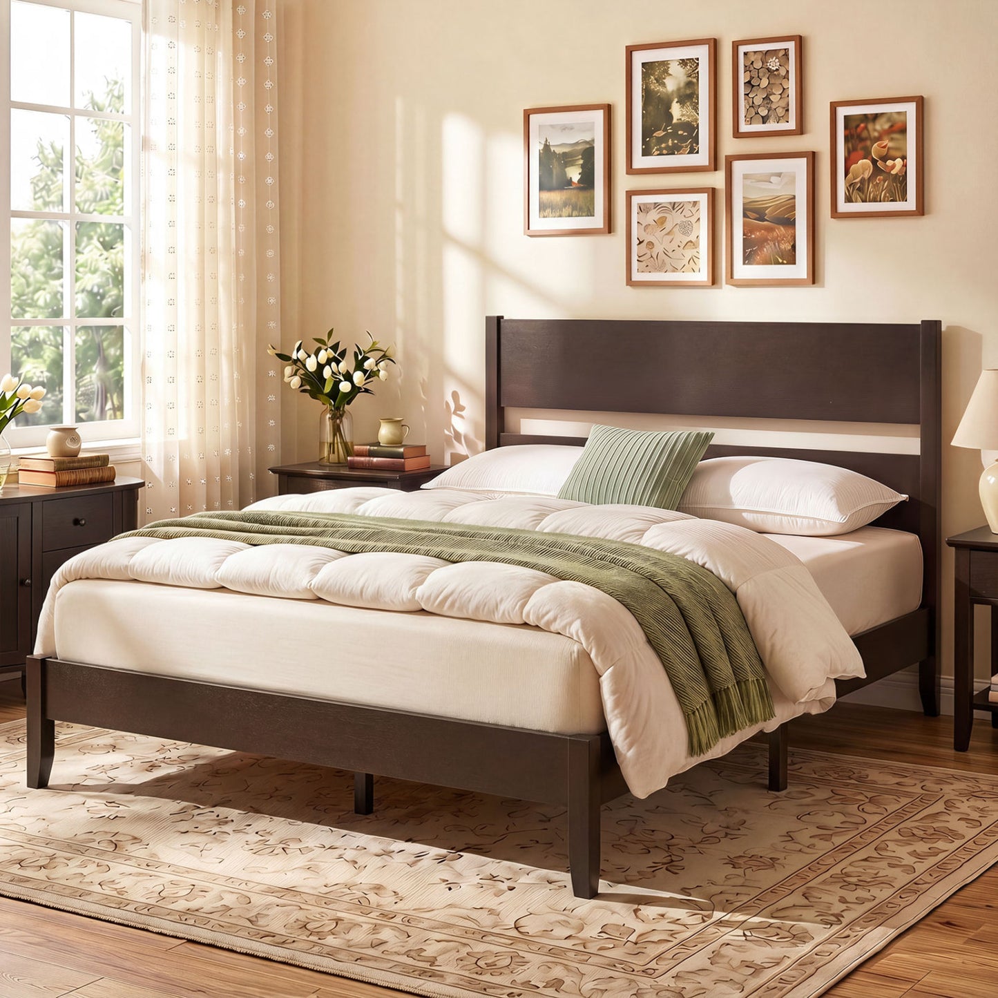 Full Bed Frame, Solid Wood Legs, 12 Slats, Dark Walnut