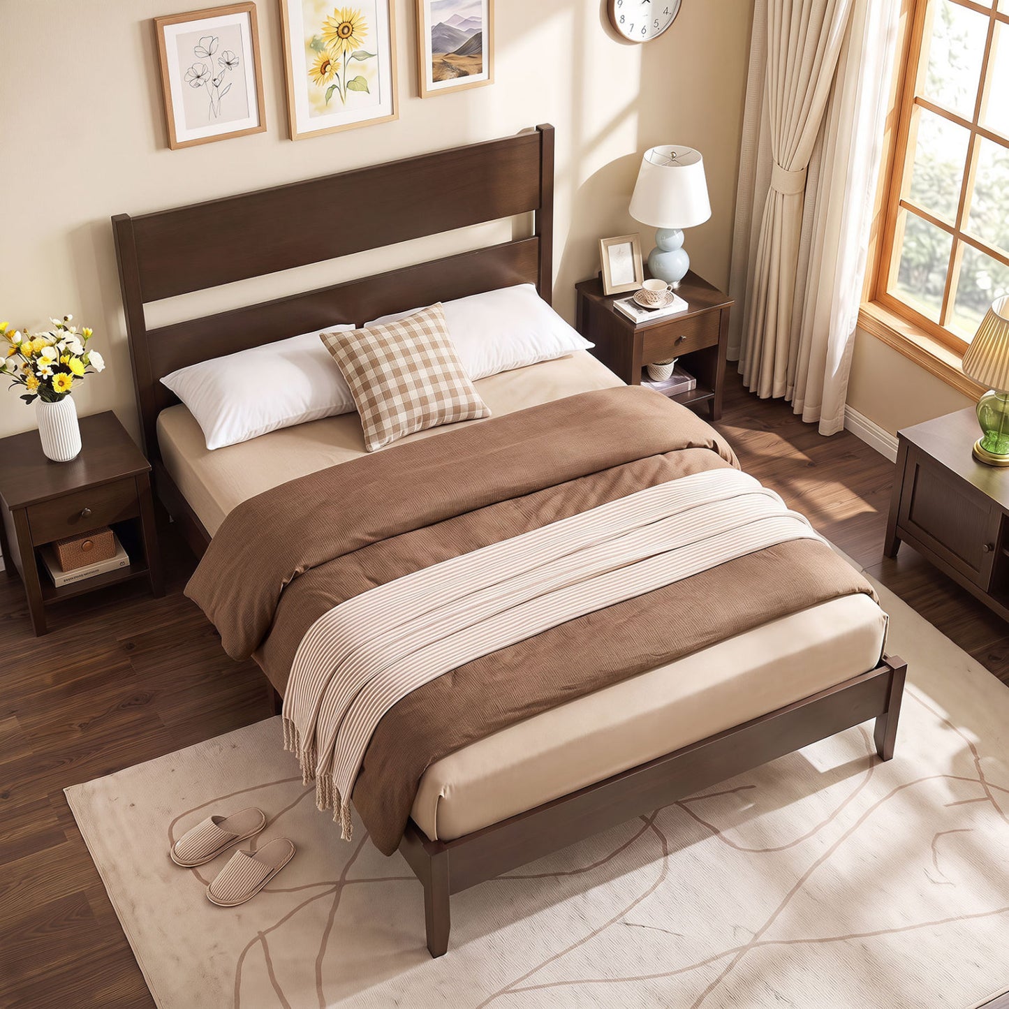 Full Bed Frame, Solid Wood Legs, 12 Slats, Dark Walnut