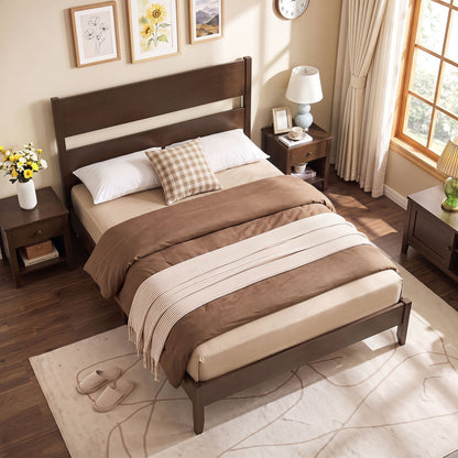 Full Bed Frame, Solid Wood Legs, 12 Slats, Dark Walnut