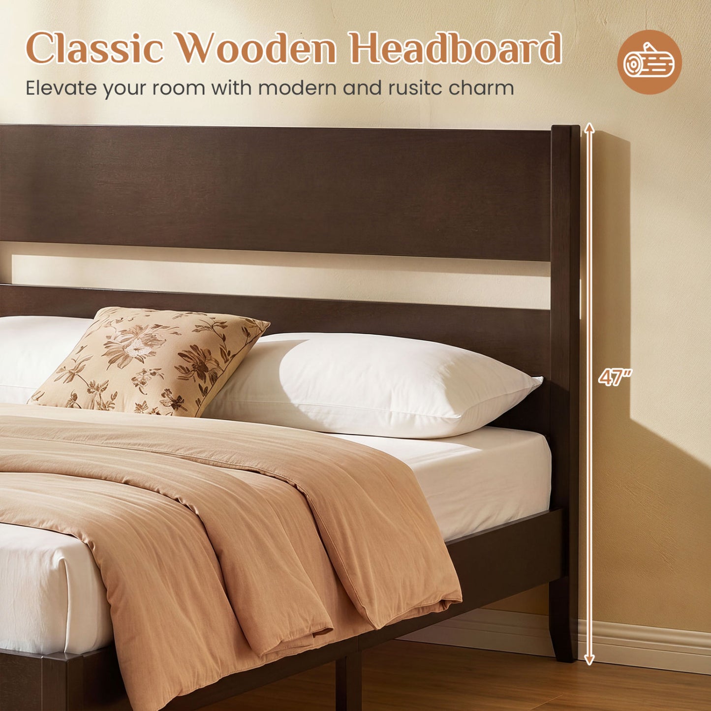 Full Bed Frame, Solid Wood Legs, 12 Slats, Dark Walnut