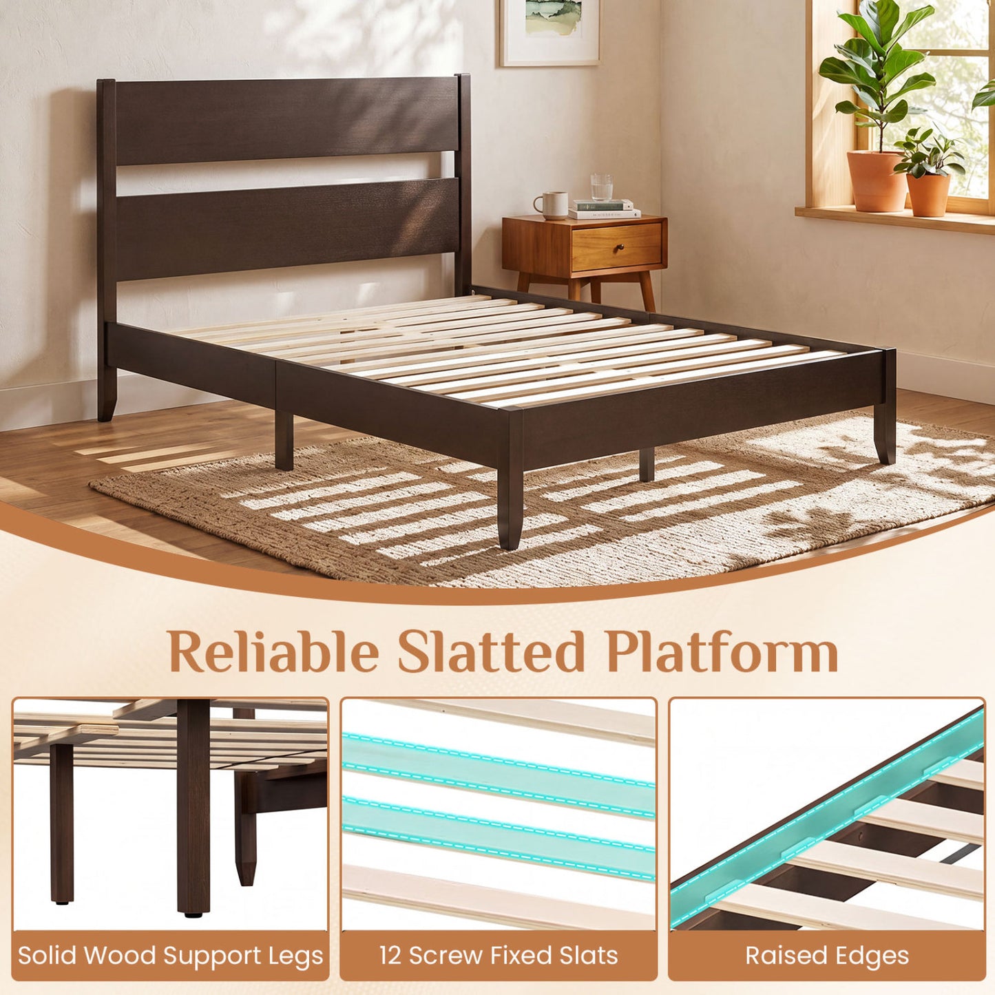 Full Bed Frame, Solid Wood Legs, 12 Slats, Dark Walnut