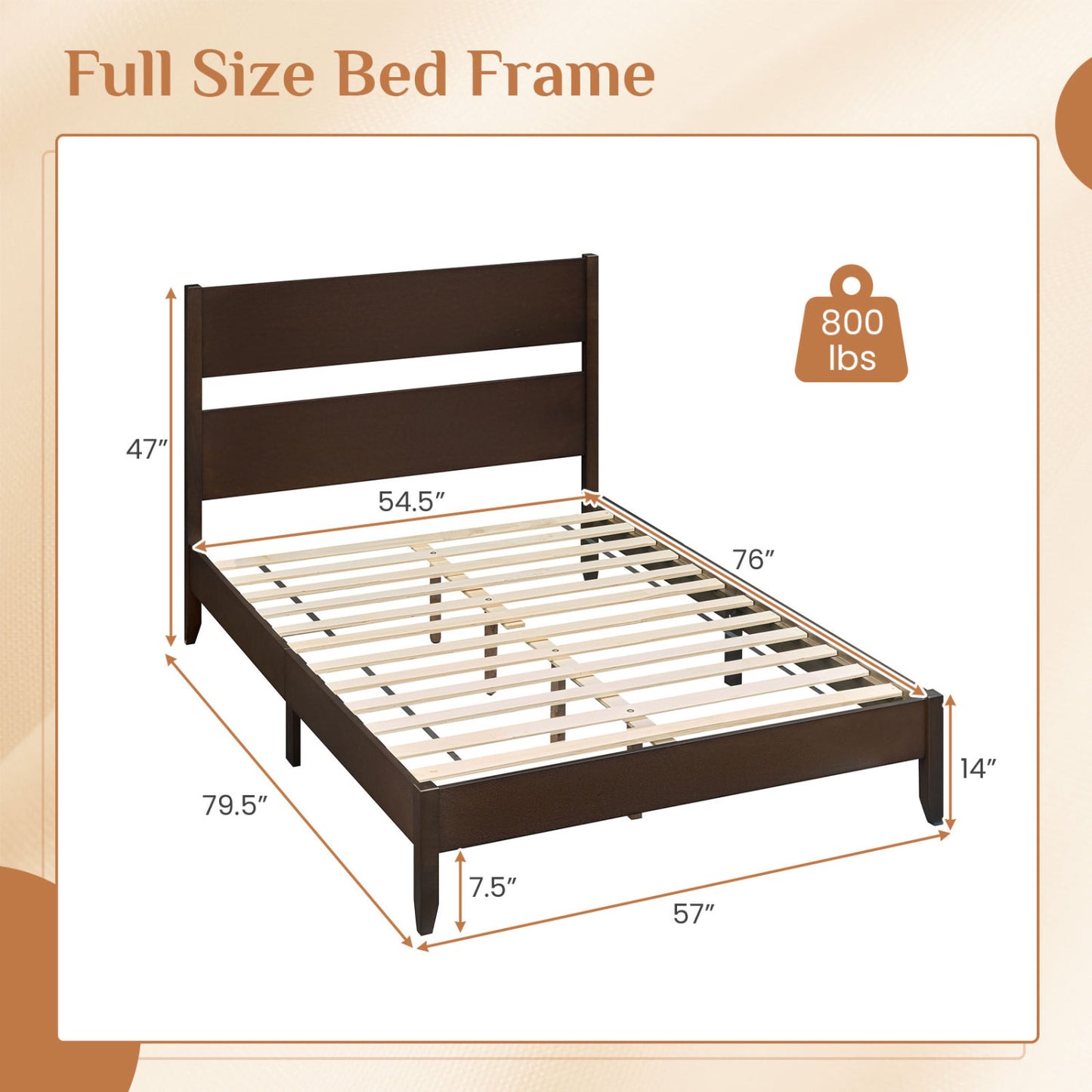 Full Bed Frame, Solid Wood Legs, 12 Slats, Dark Walnut