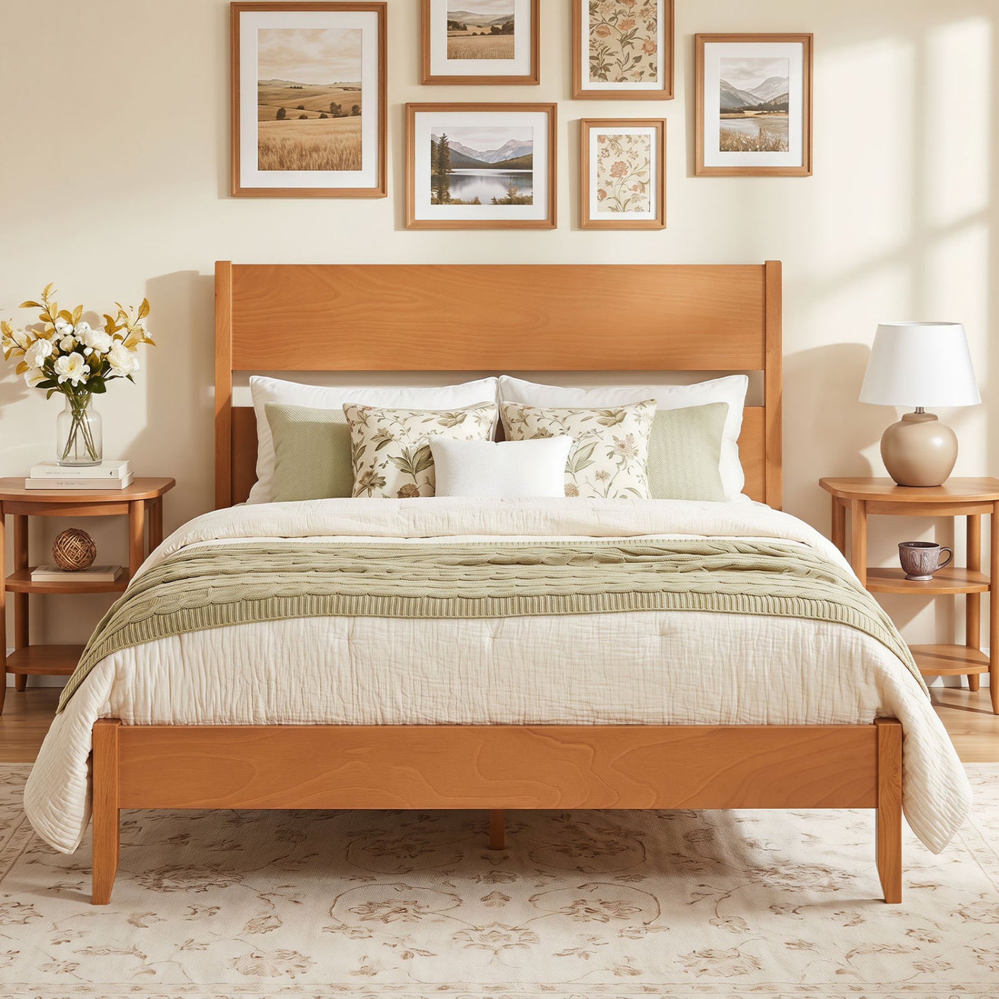 Full Bed Frame With Headboard, Solid Wood Legs, Warm Brown