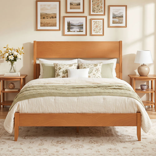Full Bed Frame With Headboard, Solid Wood Legs, Warm Brown