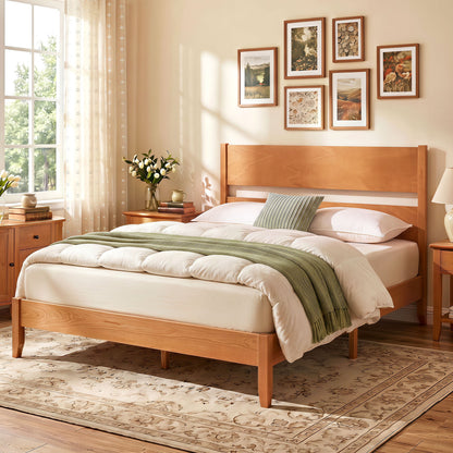 Full Bed Frame With Headboard, Solid Wood Legs, Warm Brown