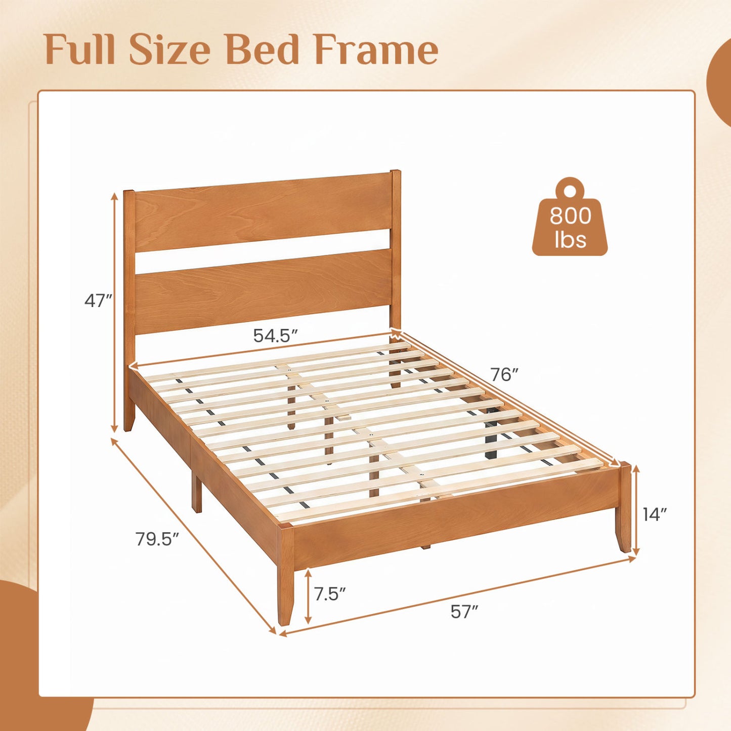 Full Bed Frame With Headboard, Solid Wood Legs, Warm Brown