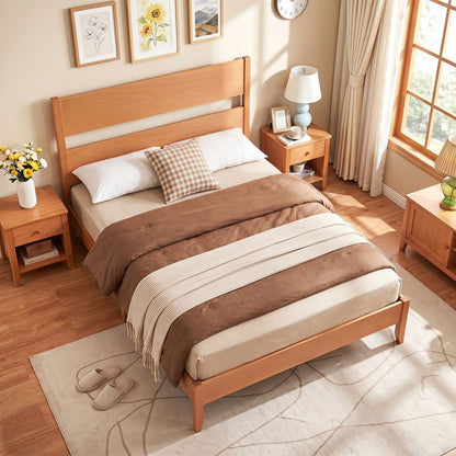 Full Bed Frame With Headboard, Solid Wood Legs, Warm Brown