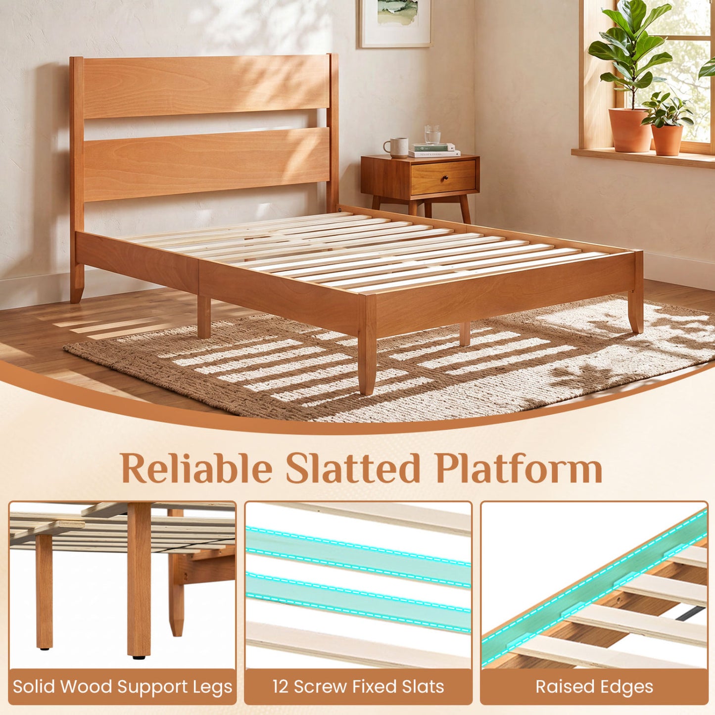 Full Bed Frame With Headboard, Solid Wood Legs, Warm Brown