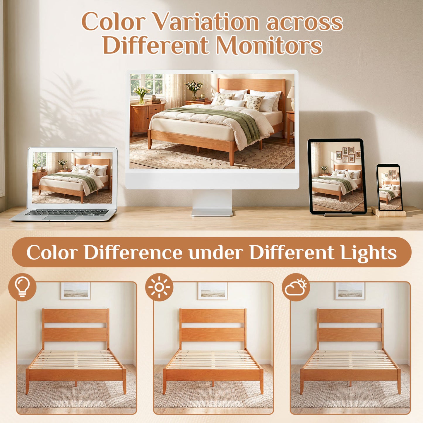 Full Bed Frame With Headboard, Solid Wood Legs, Warm Brown