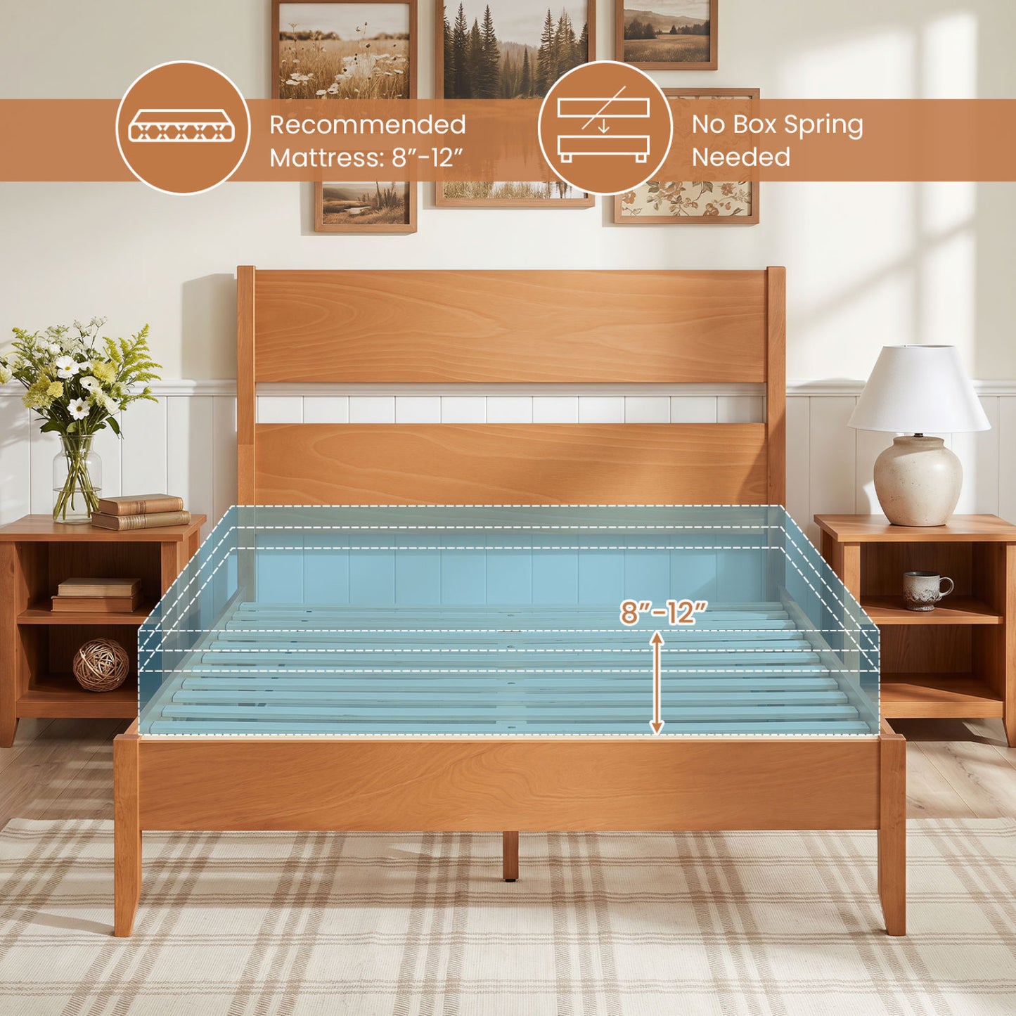 Full Bed Frame With Headboard, Solid Wood Legs, Warm Brown