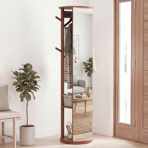Full Length Mirror Coat Rack, Solid Wood Standing Mirror, Walnut
